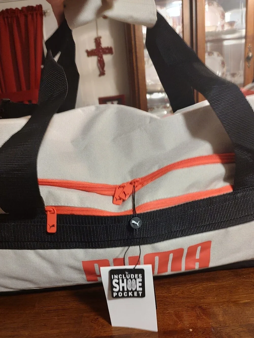 Puma Cream Duffel Bag with Pink Trim and Black Handles
